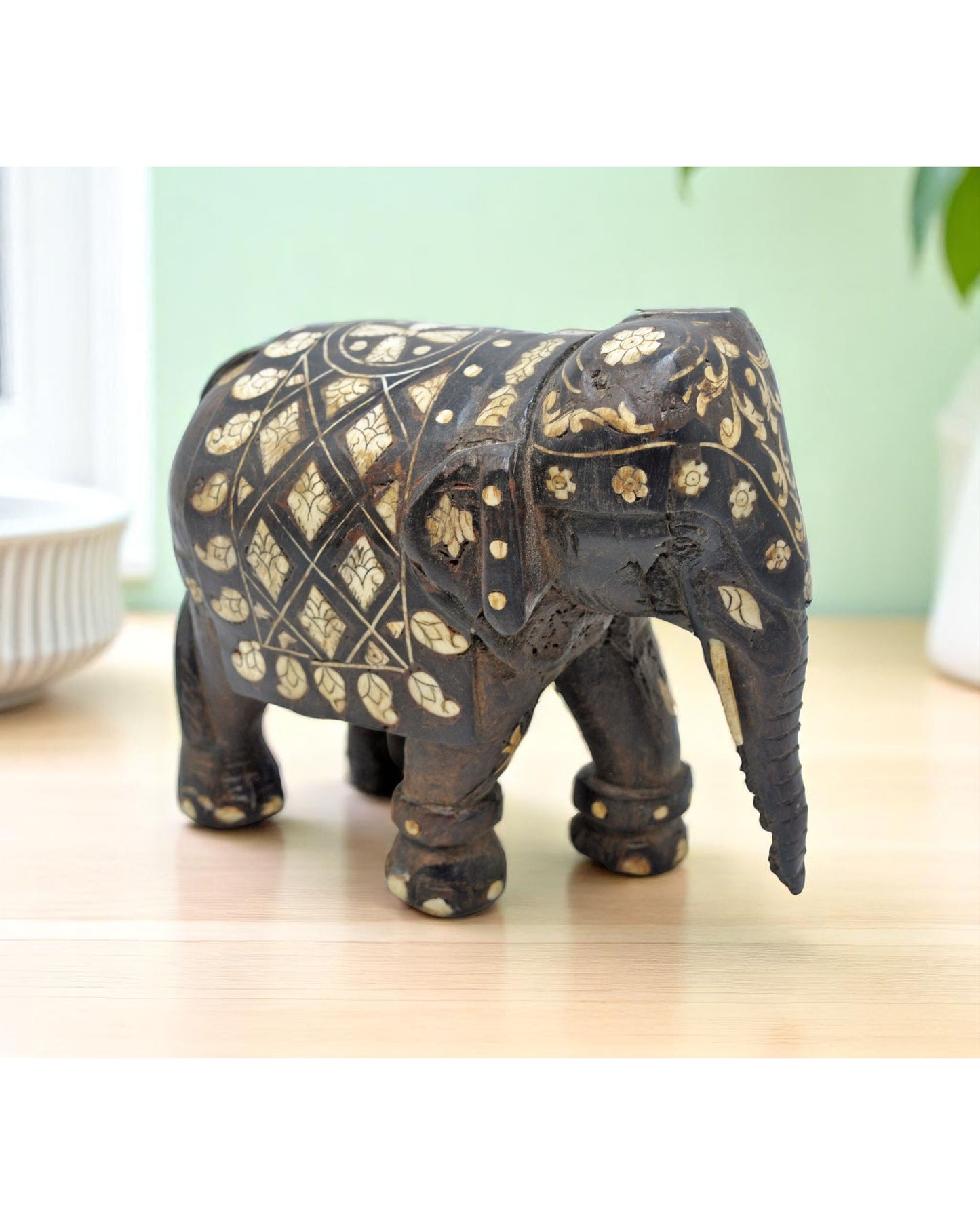 Antique Wooden Elephant Figurine Original Old Hand Carved Fine Inlay Work