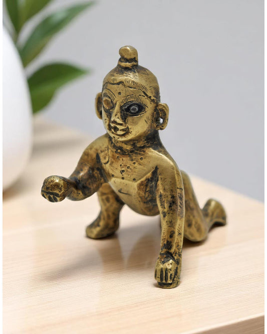 Antique Brass Baby God Krishna Idol Figurine Original Old Hand Crafted Engraved