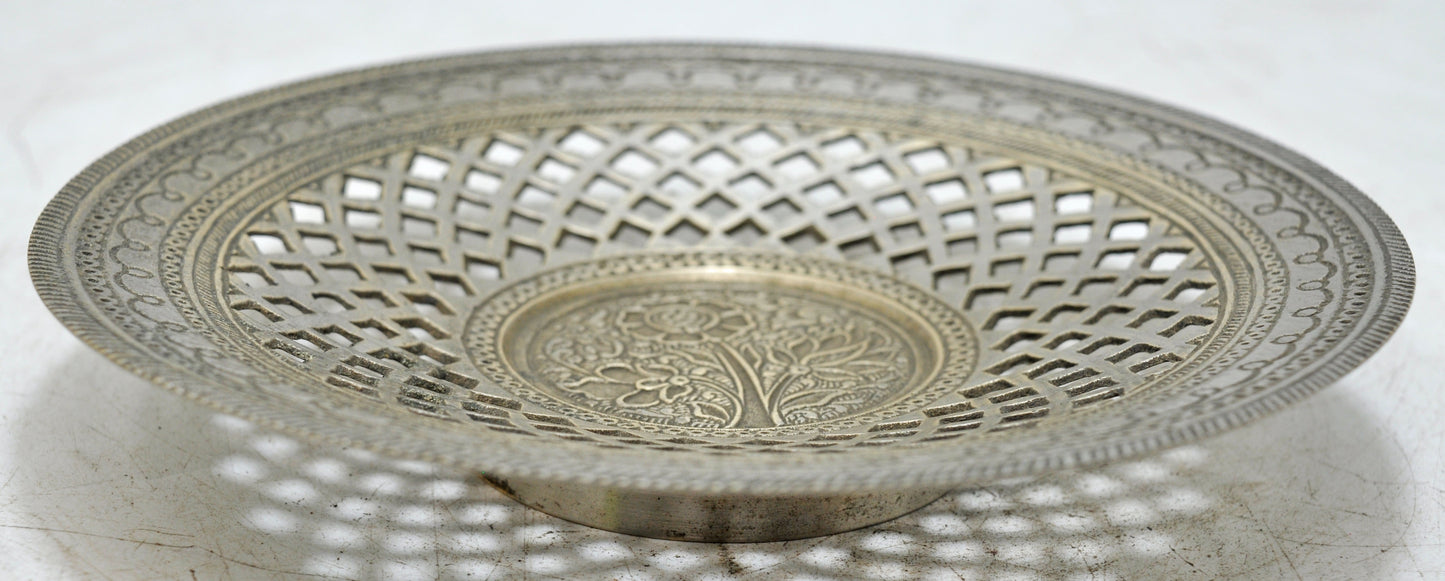 Antique Brass Round Decorative Plate Original Old Hand Crafted Jali Cut Engraved