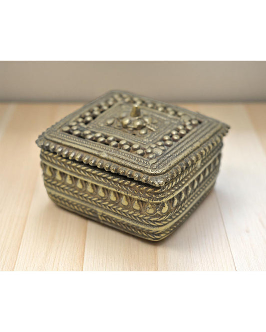 Antique Brass Square Small Jewelery Box Original Old Hand Crafted