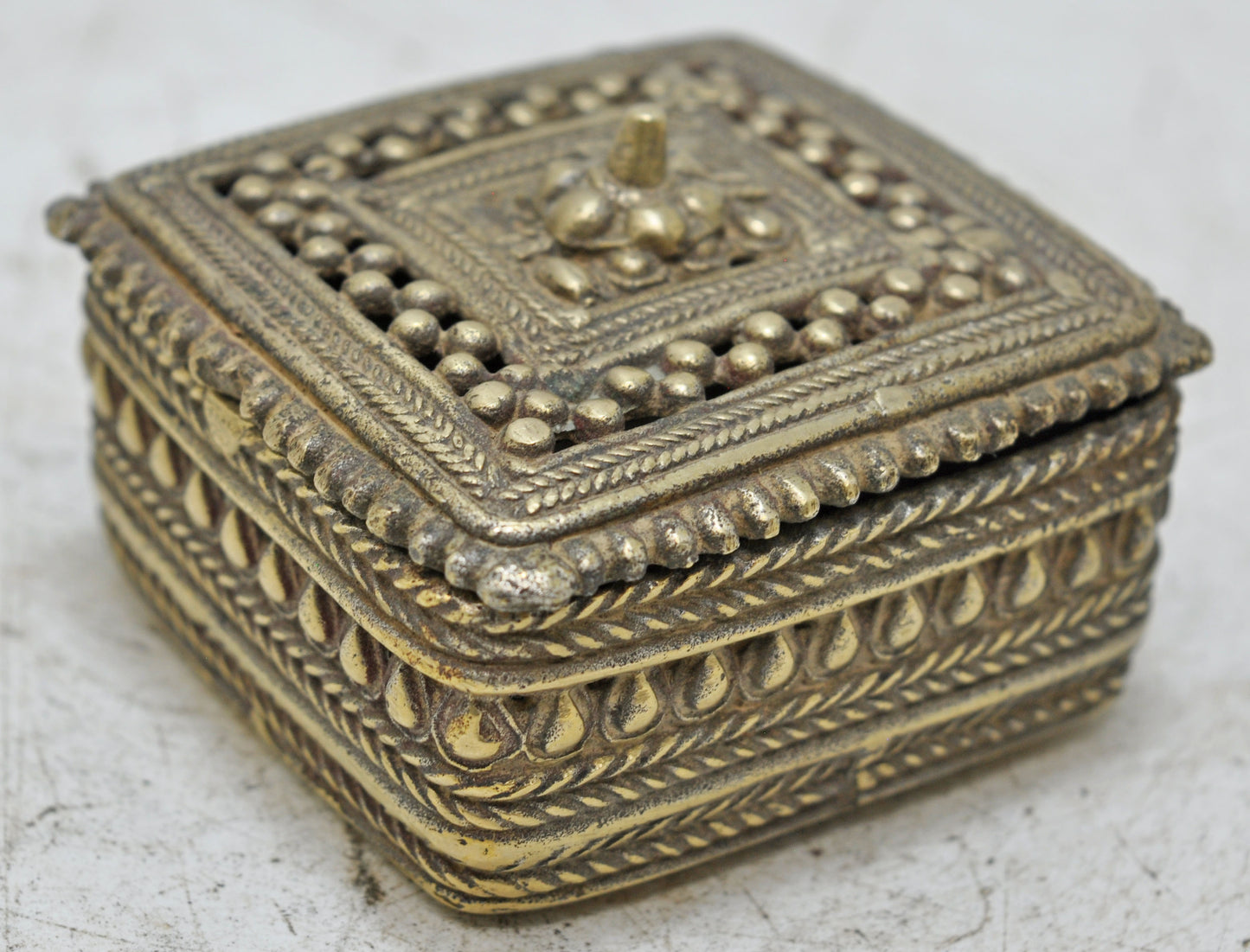 Antique Brass Square Small Jewelery Box Original Old Hand Crafted