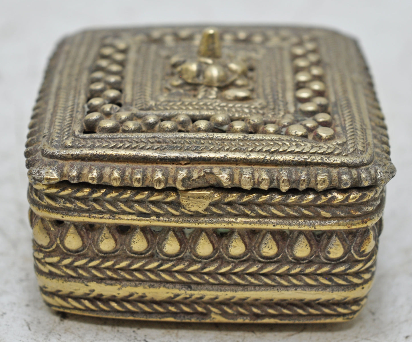 Antique Brass Square Small Jewelery Box Original Old Hand Crafted