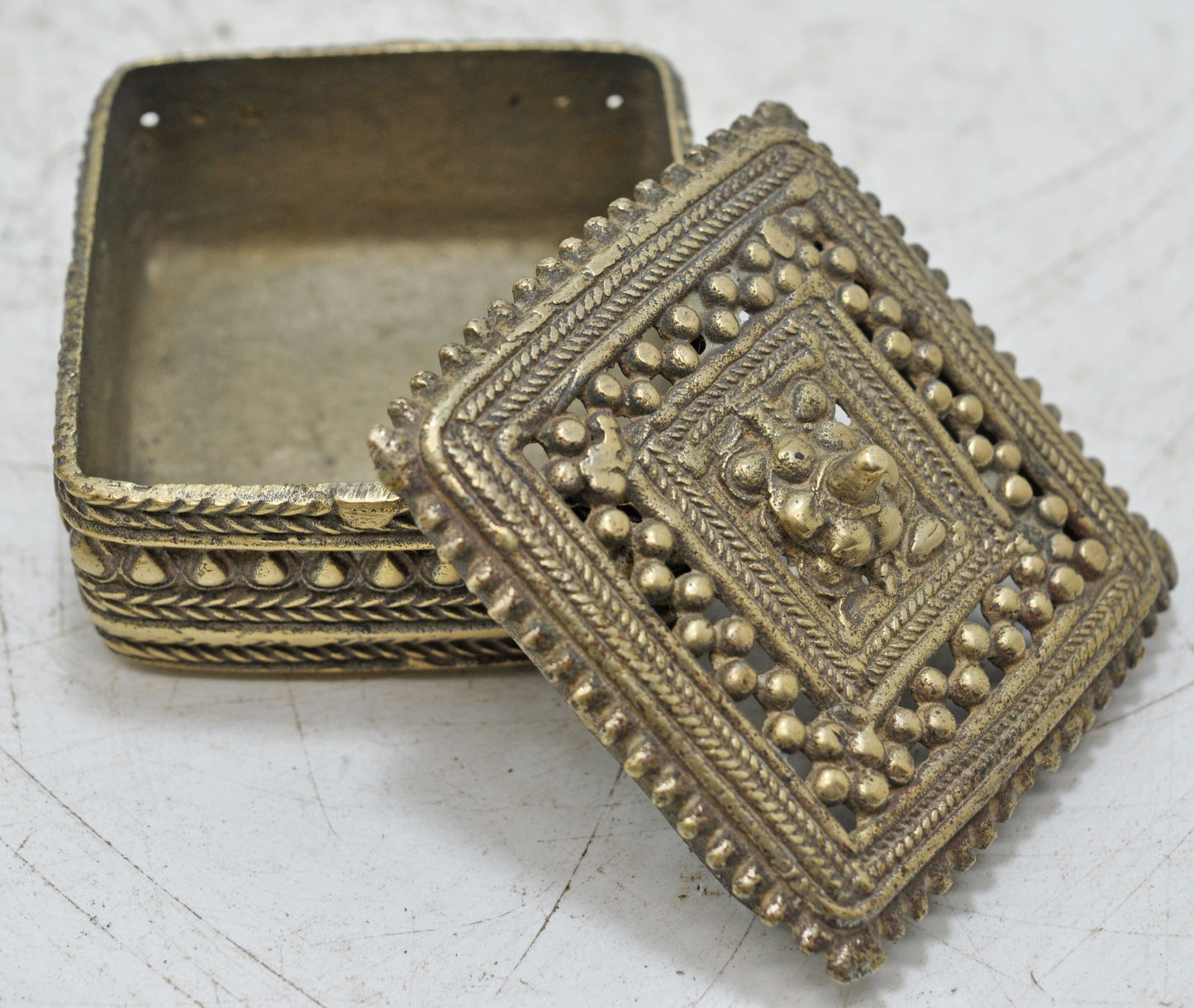 Antique Brass Square Small Jewelery Box Original Old Hand Crafted