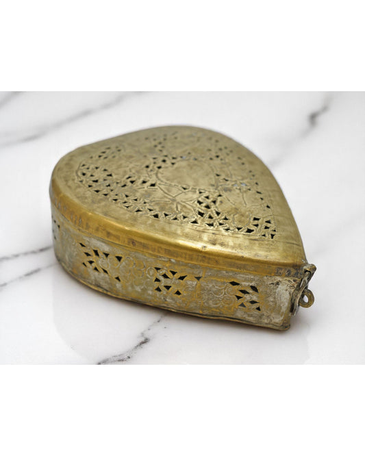 Antique Brass Heart Shaped Betel Leaves Box Original Old Fine Jali Cut Engraved