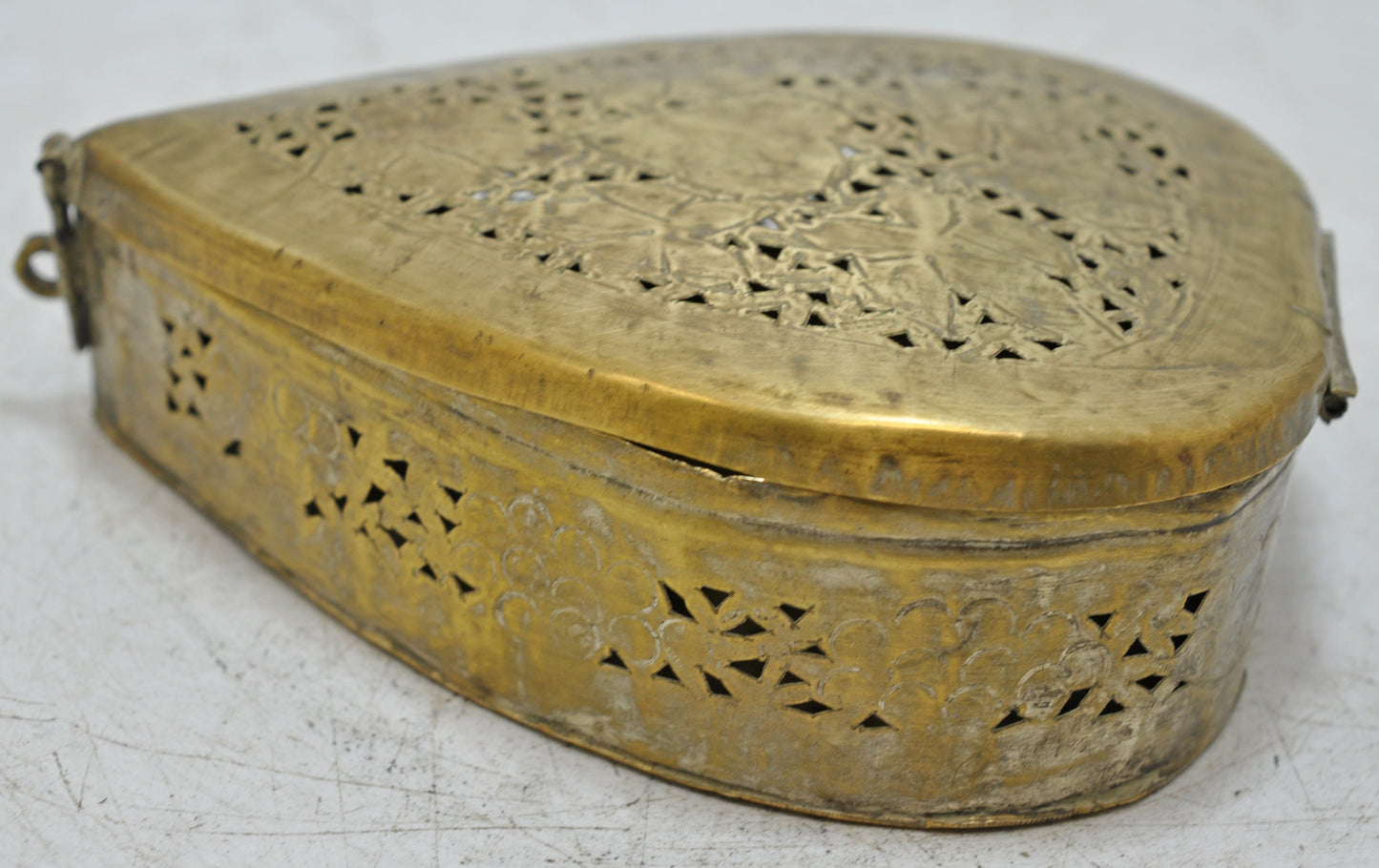Antique Brass Heart Shaped Betel Leaves Box Original Old Fine Jali Cut Engraved