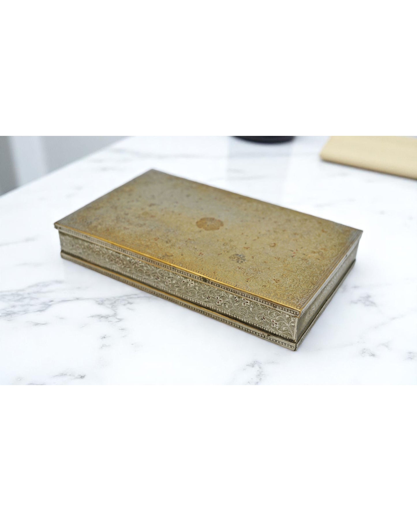 Antique Brass Small Storage Box Original Old Fine Engraved Inlay Painted