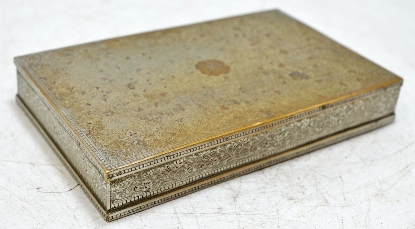 Antique Brass Small Storage Box Original Old Fine Engraved Inlay Painted