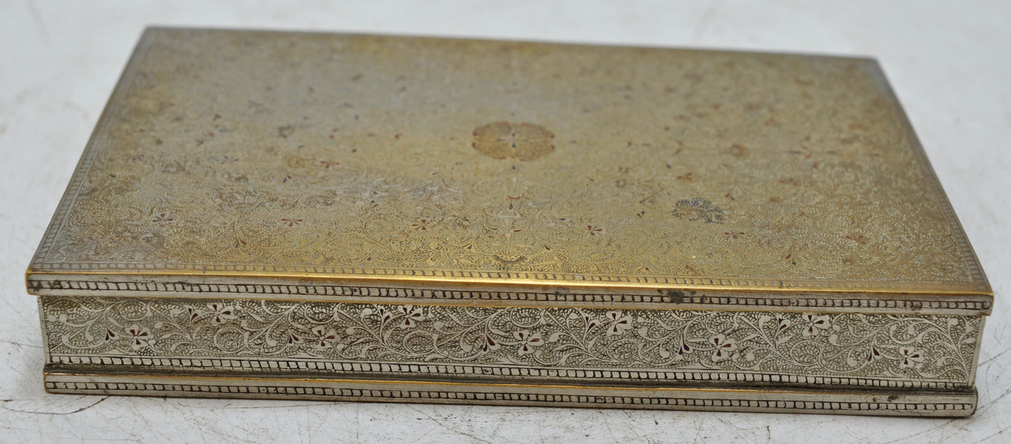 Antique Brass Small Storage Box Original Old Fine Engraved Inlay Painted