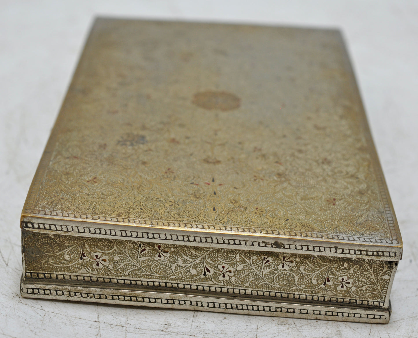 Antique Brass Small Storage Box Original Old Fine Engraved Inlay Painted