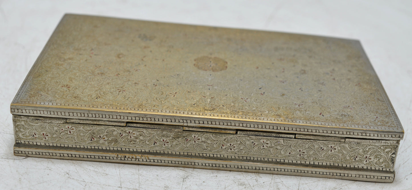Antique Brass Small Storage Box Original Old Fine Engraved Inlay Painted