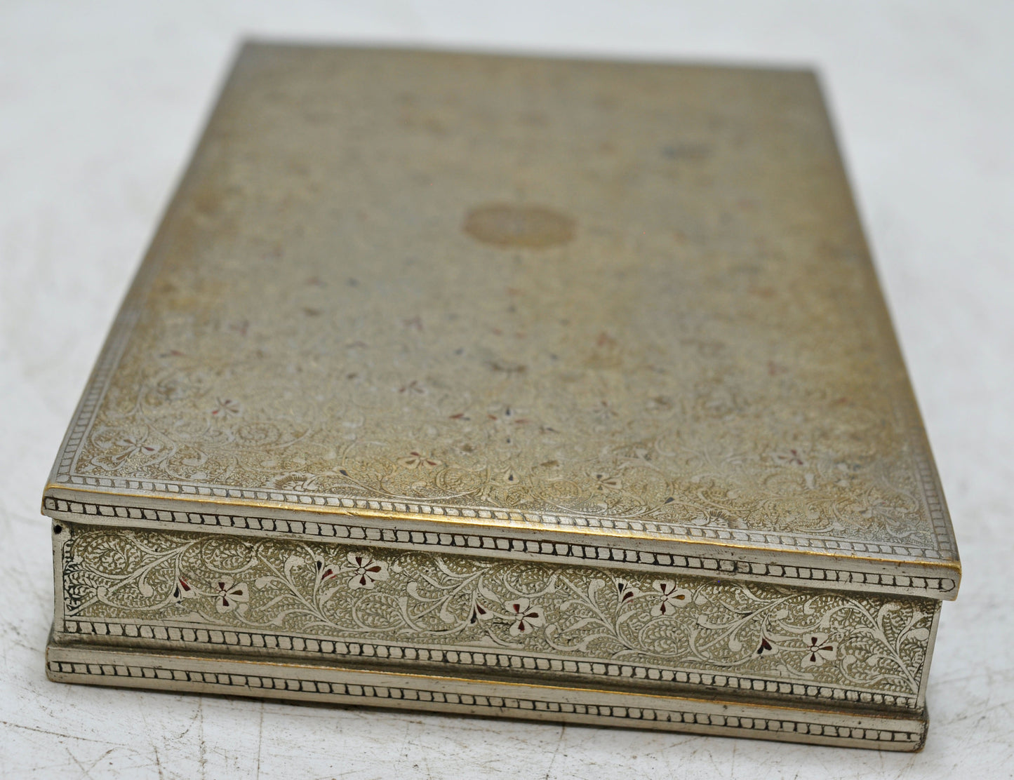 Antique Brass Small Storage Box Original Old Fine Engraved Inlay Painted