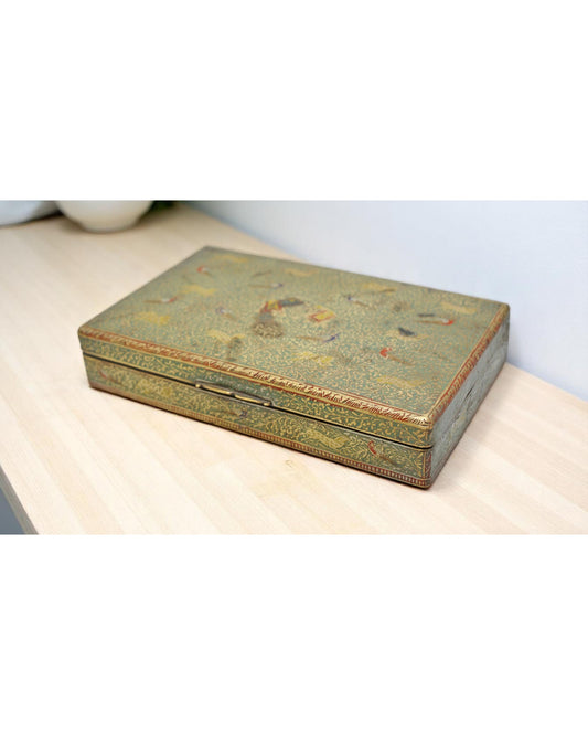 Antique Brass Small Storage Box Original Old Fine Engraved Inlay Painted