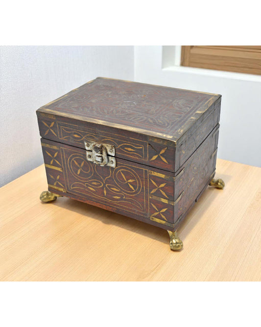 Antique Wooden 6 Perfume Bottles Box Original Old Fine Brass Inlay Mirror Fitted