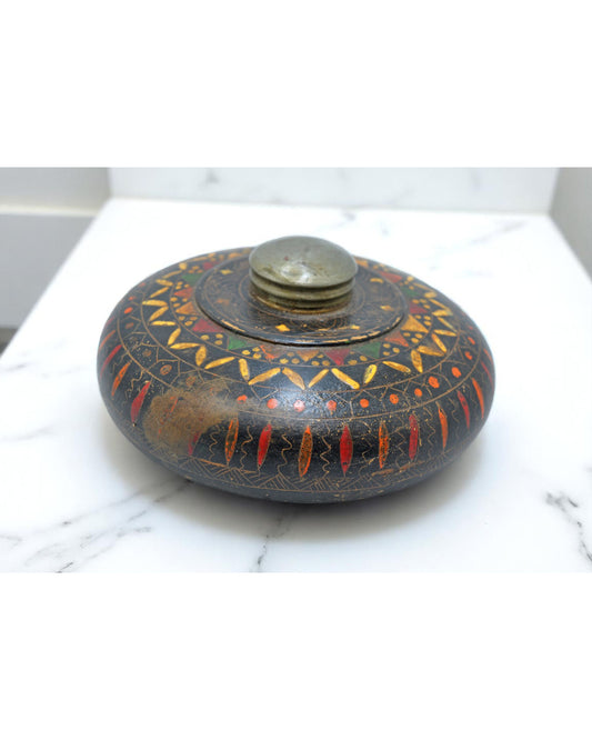 Antique Wooden Round Opium Tobacco Box Original Old Hand Crafted Painted