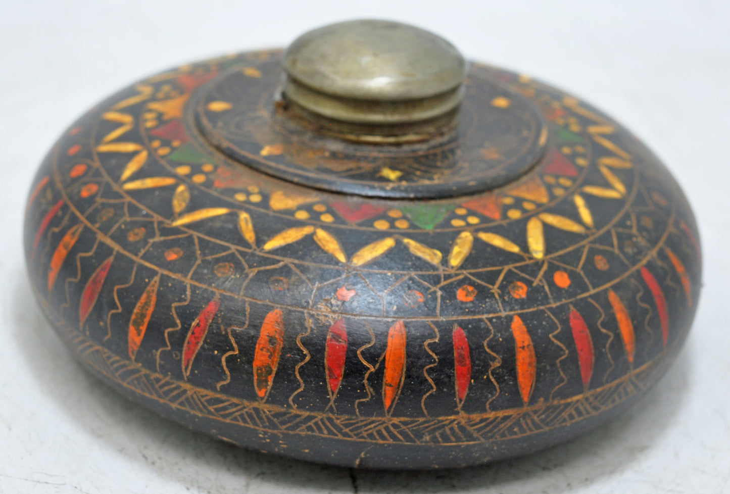 Antique Wooden Round Opium Tobacco Box Original Old Hand Crafted Painted