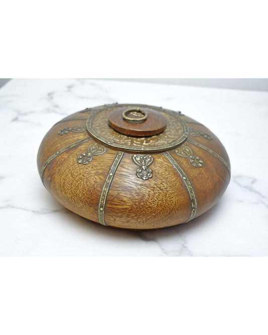 Antique Wooden Round Opium Tobacco Box Original Old Hand Crafted Brass Fitted