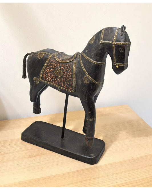 Vintage Wooden Horse Figurine on Stand Original Old Hand Carved Metal Fitted