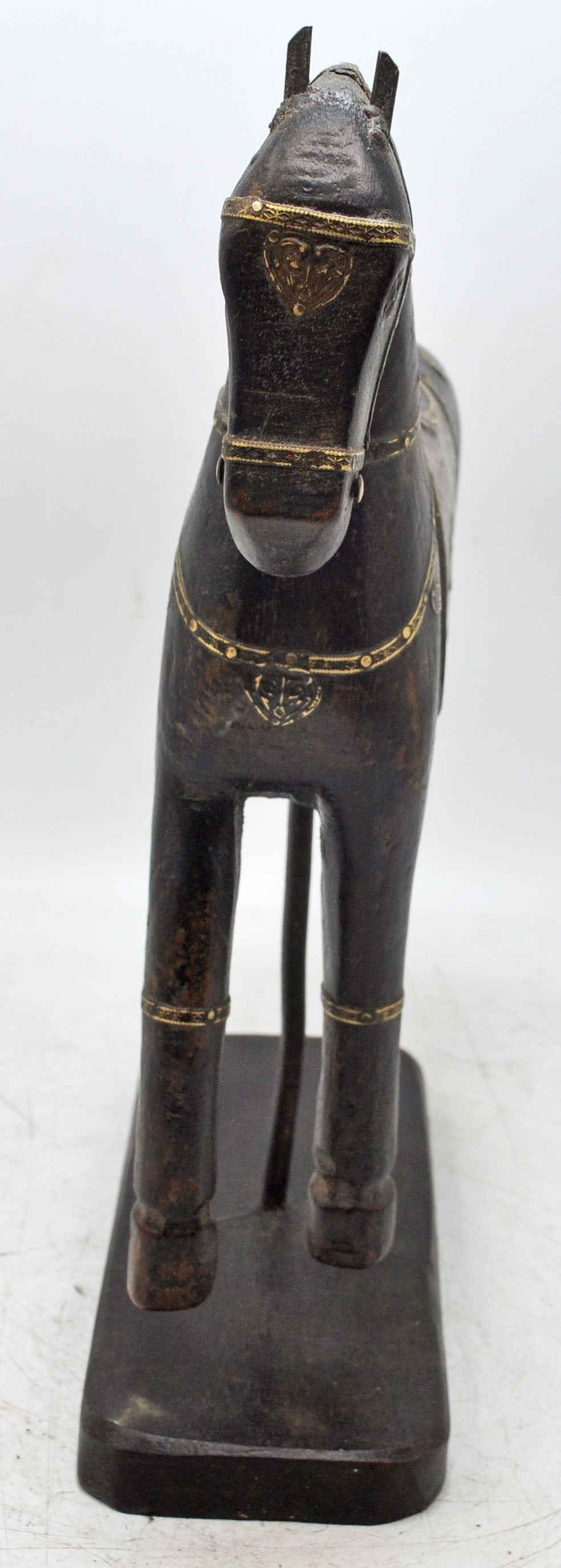 Vintage Wooden Horse Figurine on Stand Original Old Hand Carved Metal Fitted