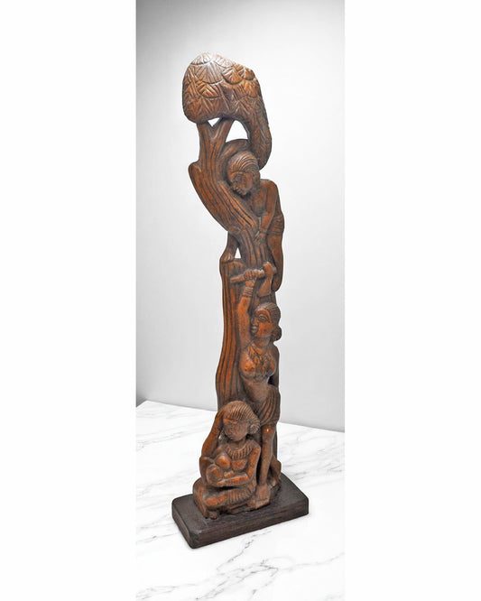 Antique Wooden Tall Ethnic Village Scene Figurine Statue Original Fine Hand Carved