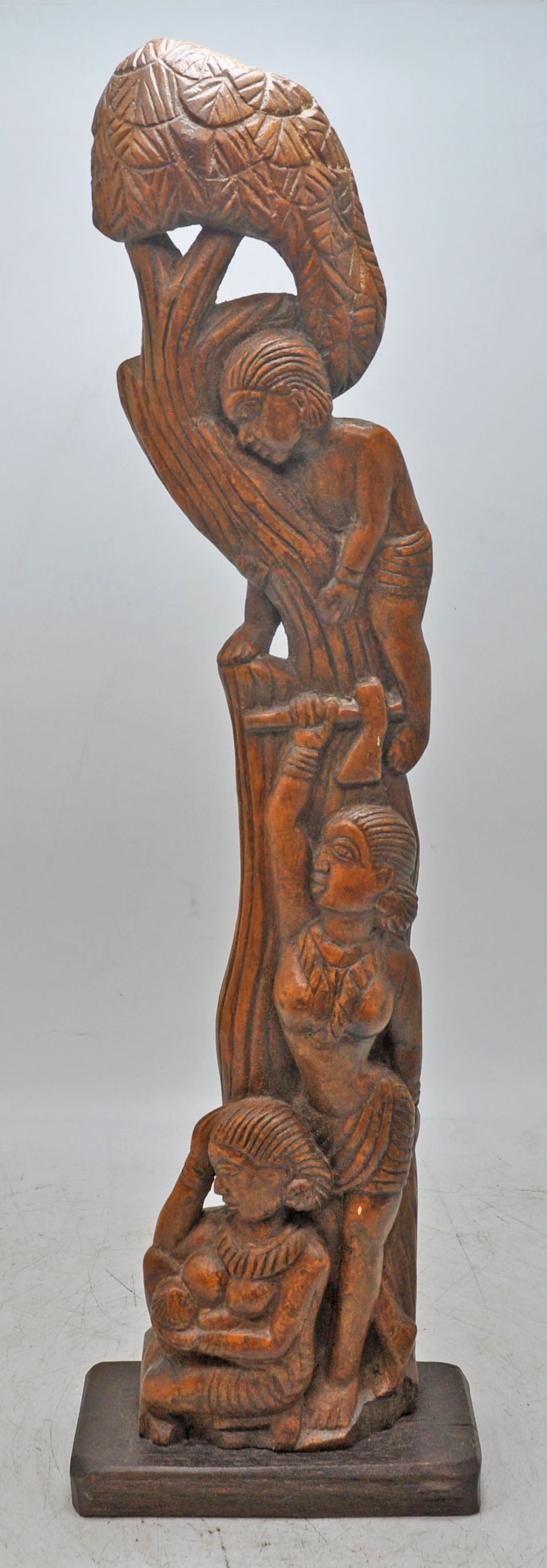 Antique Wooden Tall Ethnic Village Scene Figurine Statue Original Fine Hand Carved