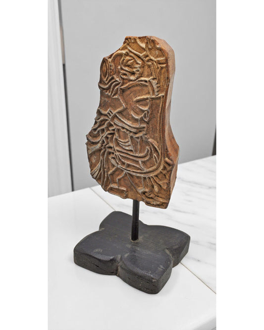 Antique Wooden Textile Printing Block on Stand Original Old Hand Carved