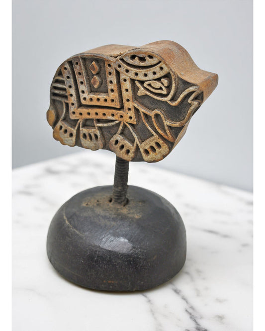 Antique Wooden Textile Printing Block on Stand Original Old Hand Carved