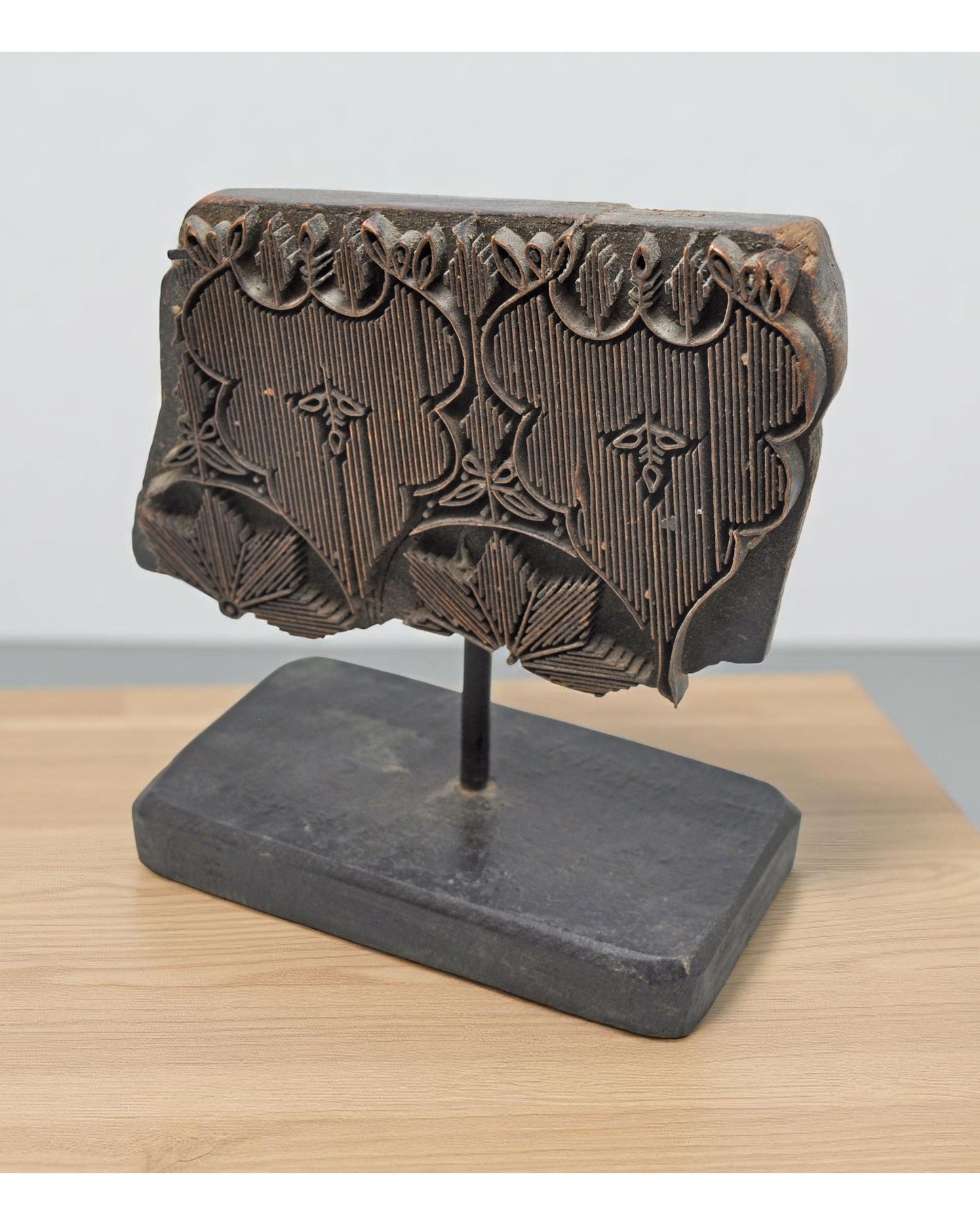 Antique Wooden Textile Printing Block on Stand Original Old Hand Carved