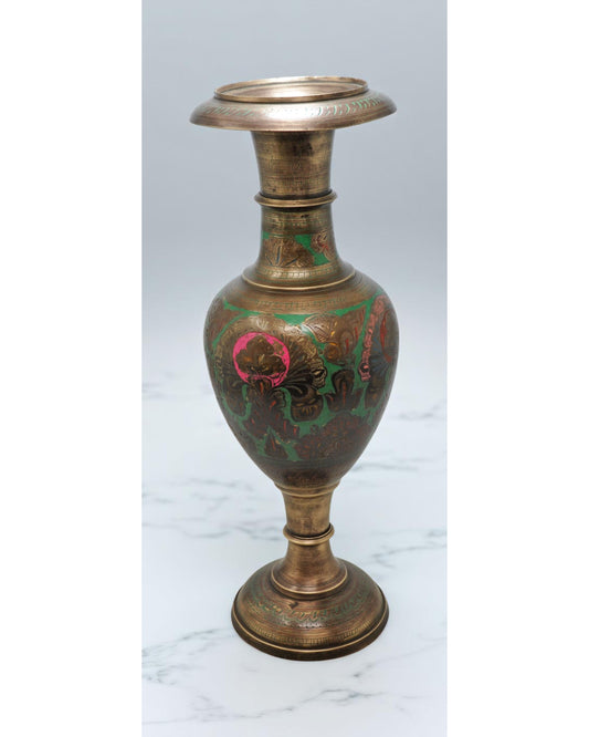 Antique Brass Flower Vase Pot Original Old Hand Crafted Engraved Inlay Painted