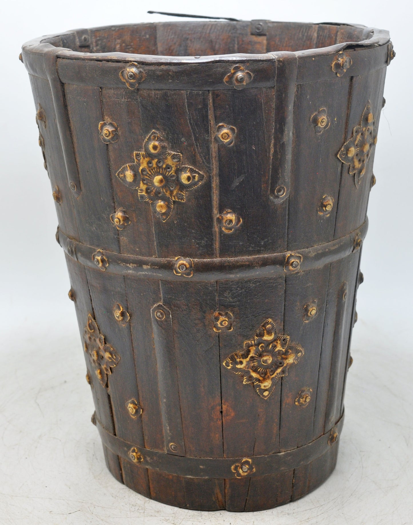 Vintage Wooden Planter Pot Original Old Hand Crafted Metal Fitted