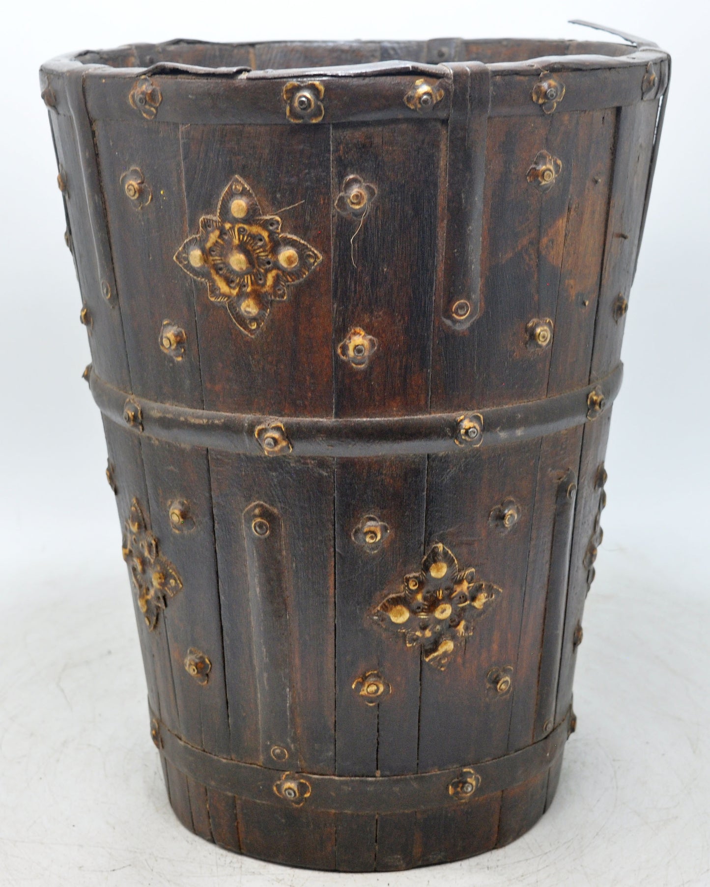 Vintage Wooden Planter Pot Original Old Hand Crafted Metal Fitted