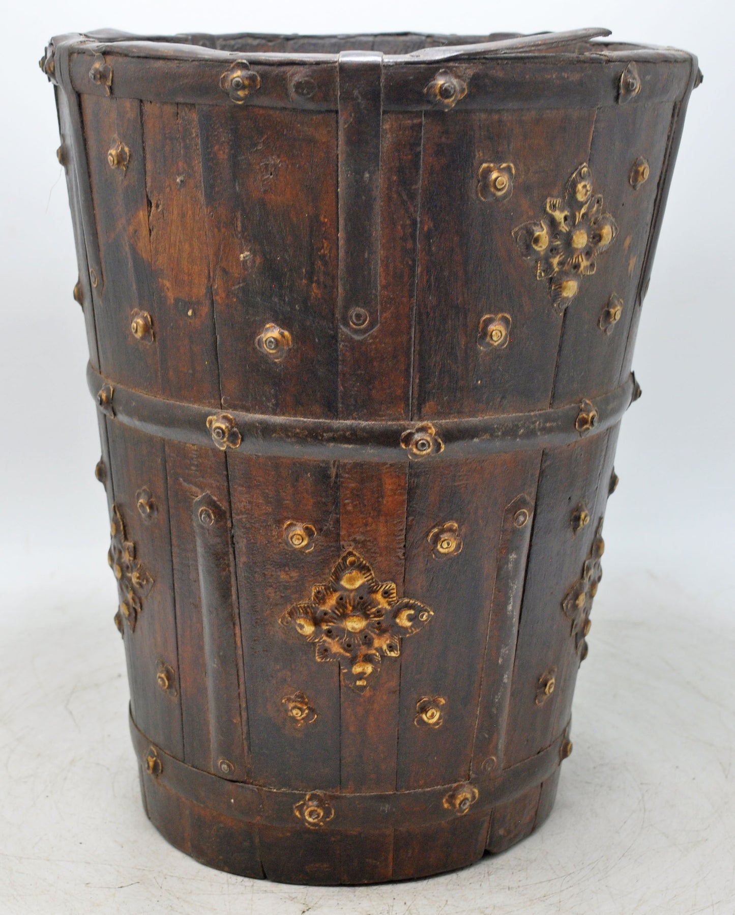 Vintage Wooden Planter Pot Original Old Hand Crafted Metal Fitted