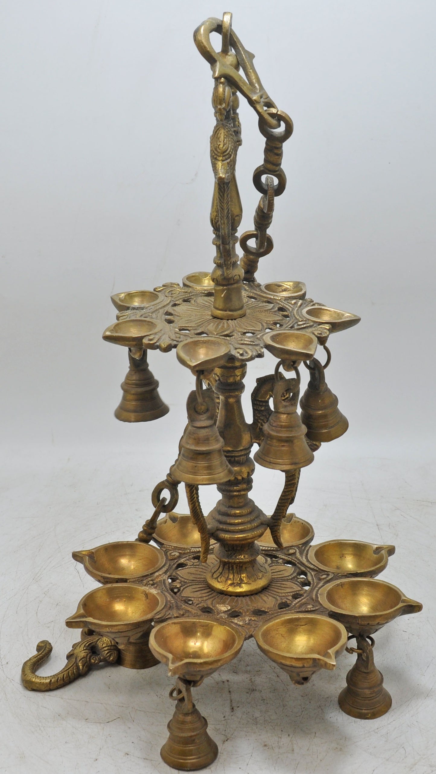 Antique Brass Large Hanging Diya Oil Light Lamp Original Old Fine Engraved