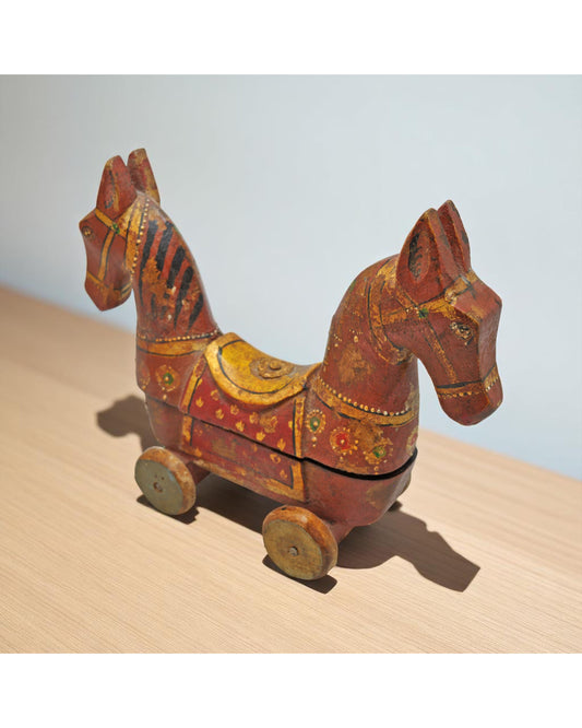 Hand Carved Wooden Horse on Wheels Figurine Fine Rustic Hand Painted