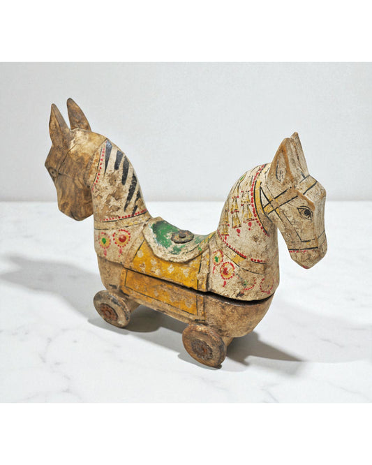 Hand Carved Wooden Horse on Wheels Figurine Fine Rustic Hand Painted