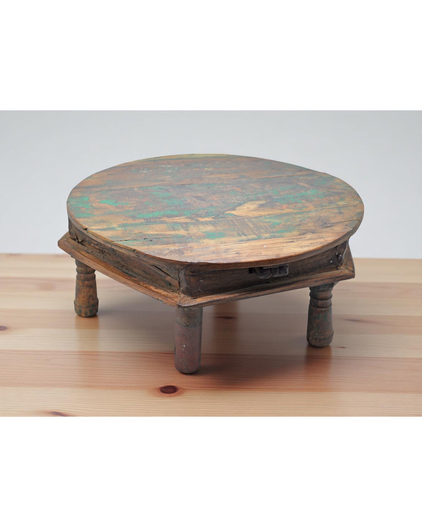 Antique Wooden Round Floor Sitting Bajot Stool Original Old Hand Crafted