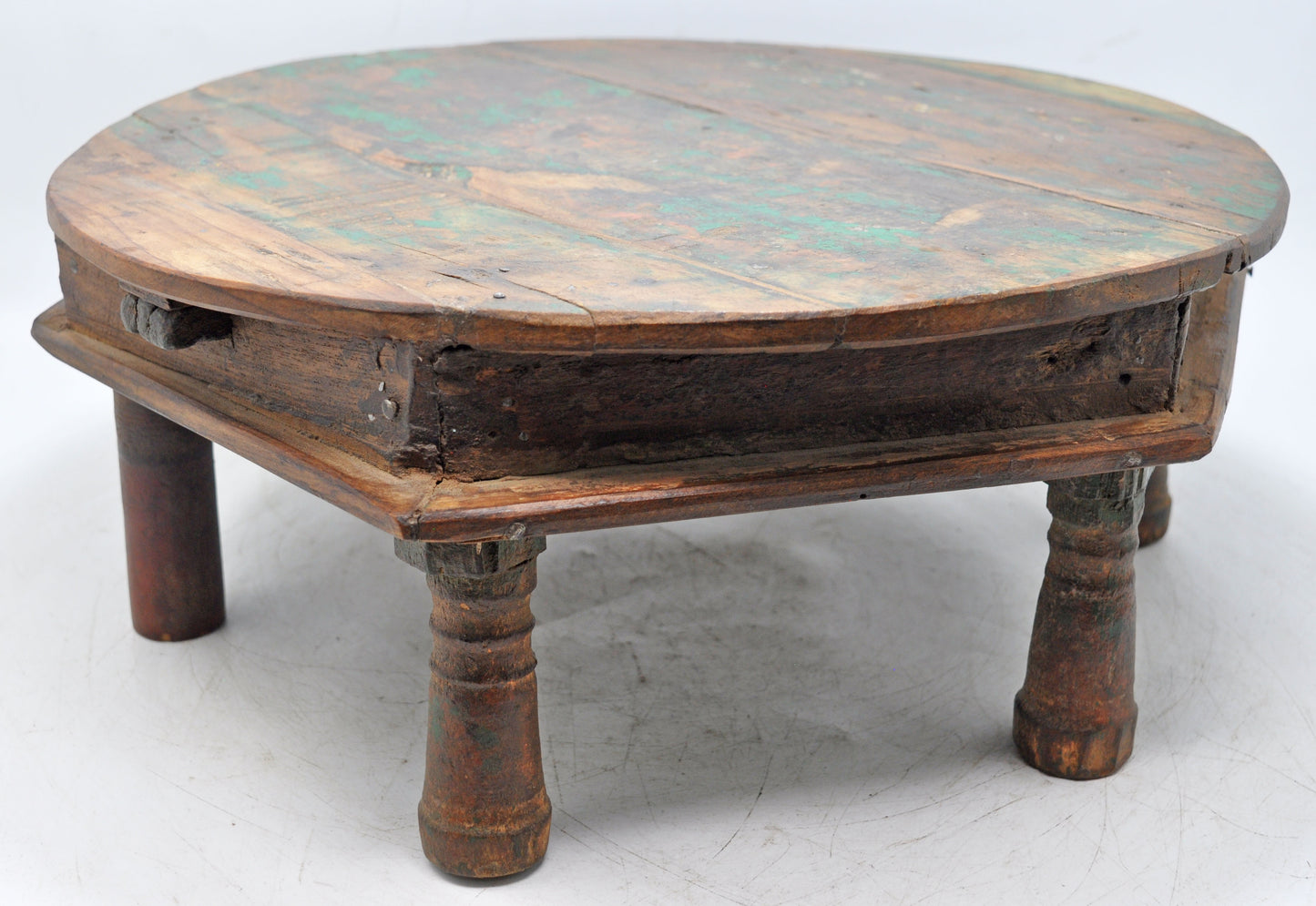 Antique Wooden Round Floor Sitting Bajot Stool Original Old Hand Crafted