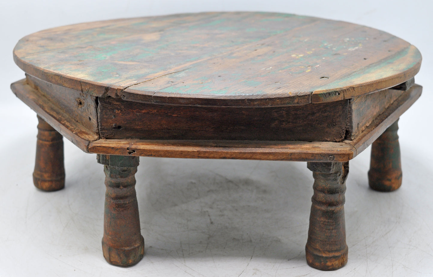 Antique Wooden Round Floor Sitting Bajot Stool Original Old Hand Crafted