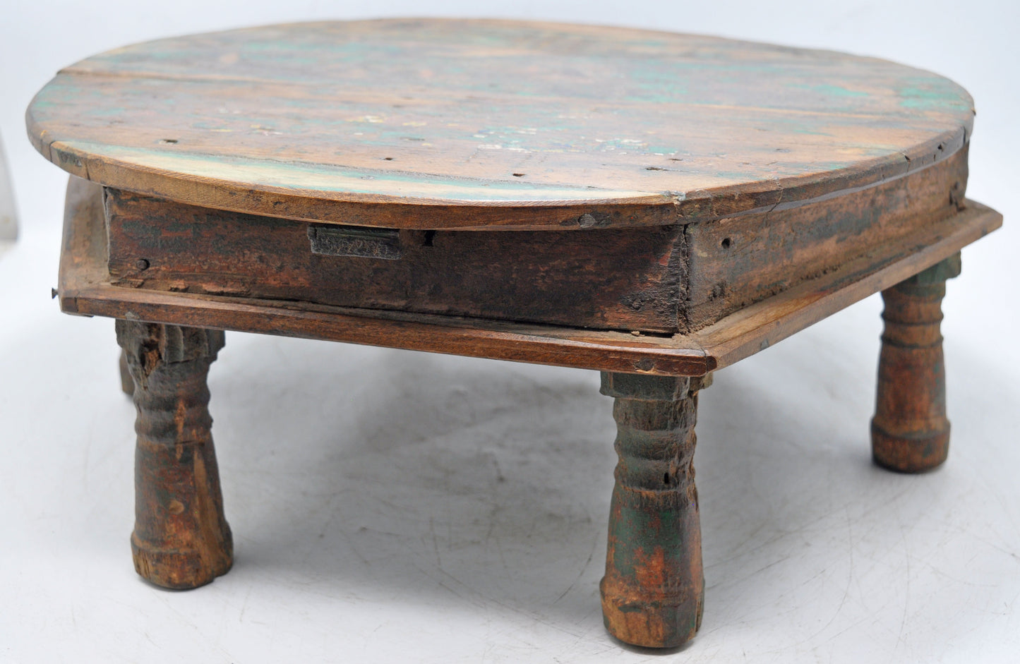 Antique Wooden Round Floor Sitting Bajot Stool Original Old Hand Crafted