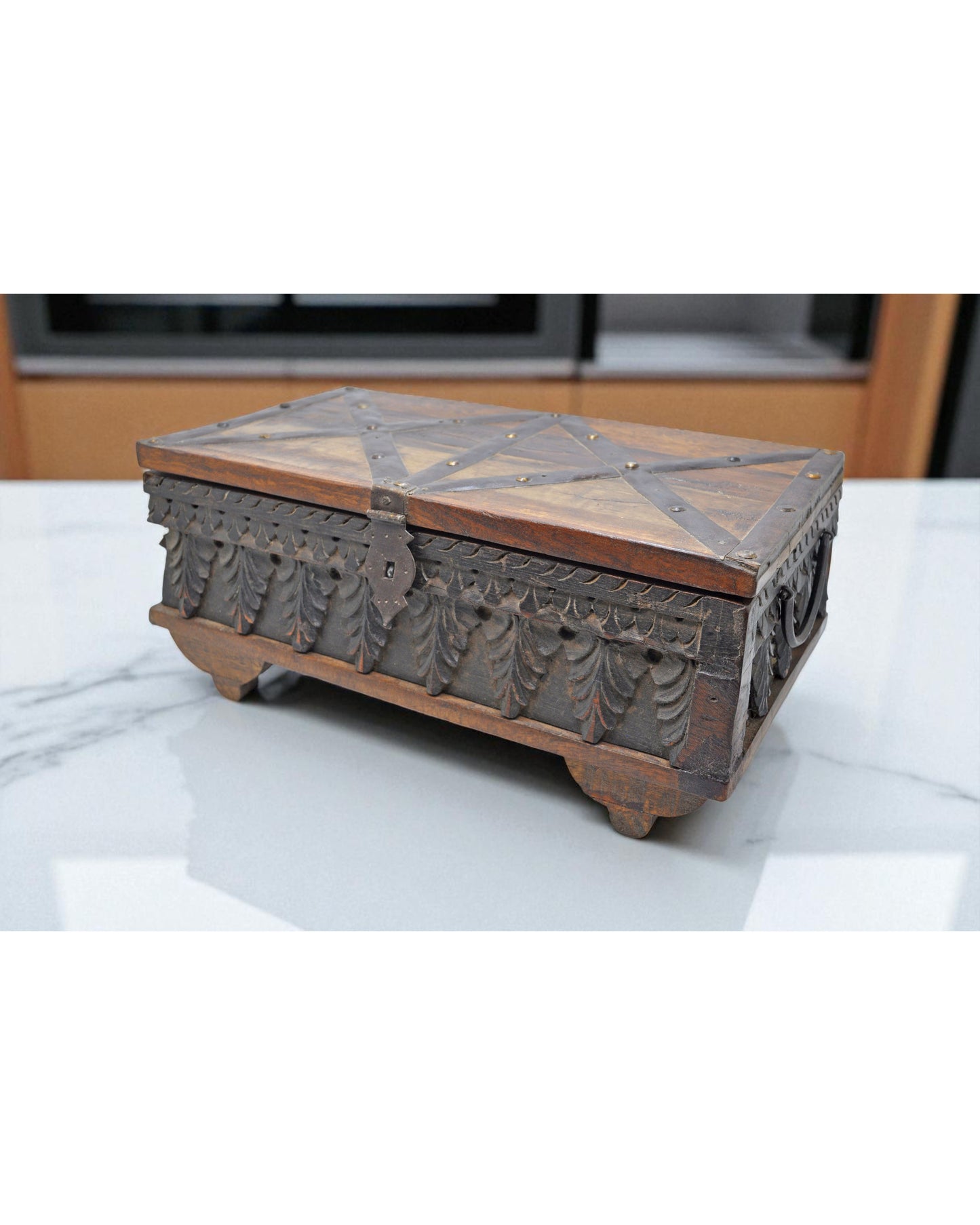 Antique Wooden Fine Carved Storage Treausre Chest Box Original Old