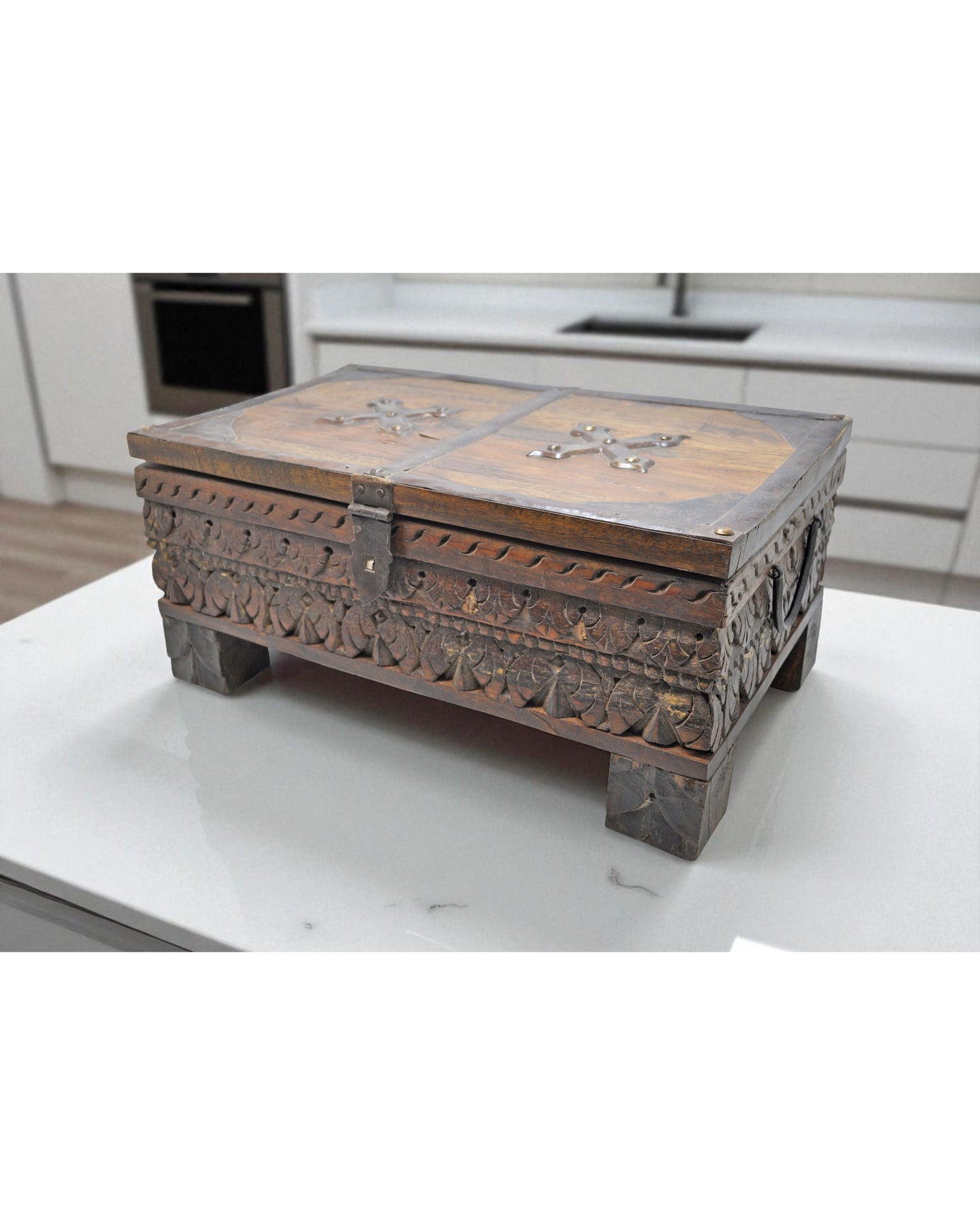 Antique Wooden Fine Carved Storage Treausre Chest Box Original Old