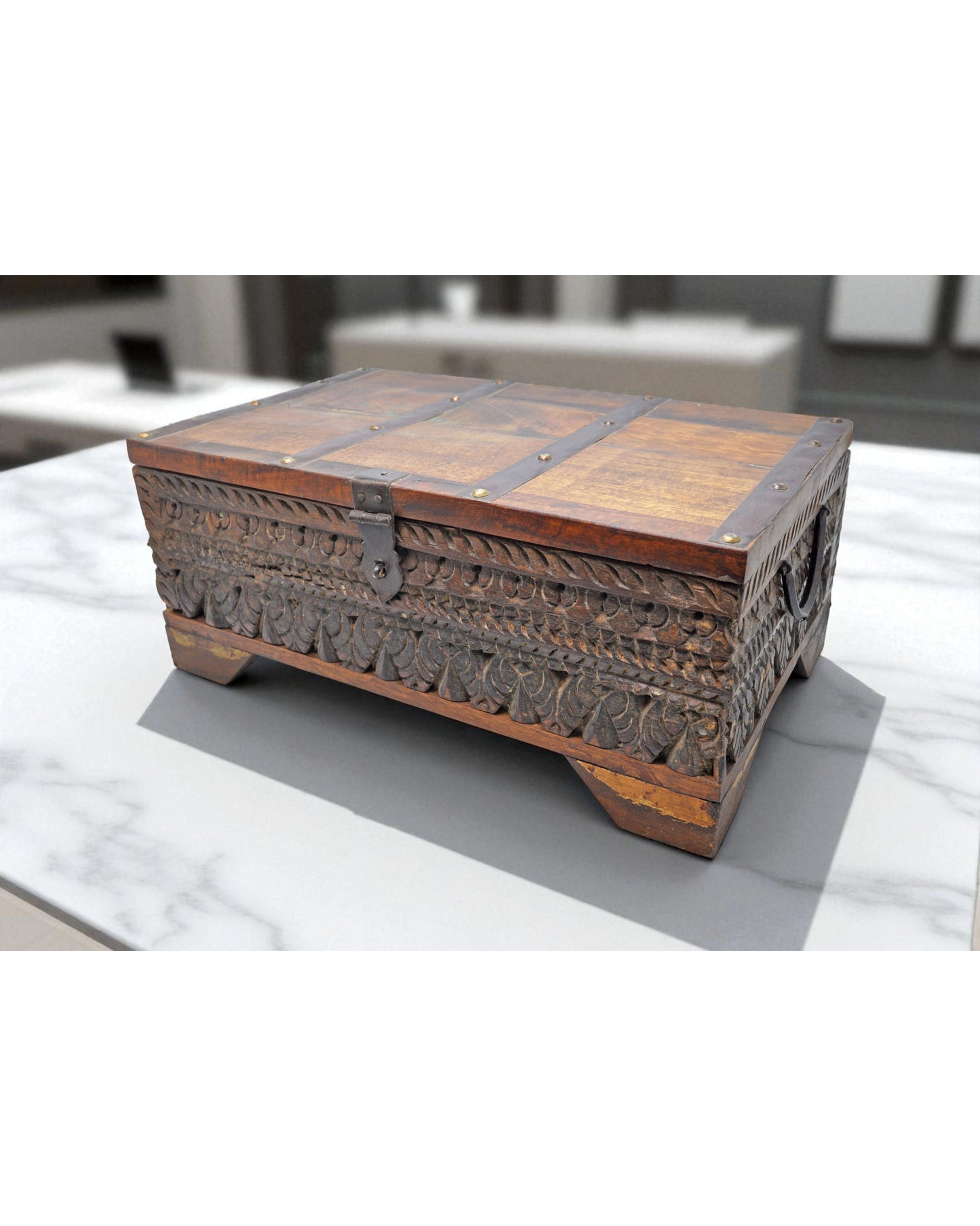 Antique Wooden Fine Carved Storage Treausre Chest Box Original Old