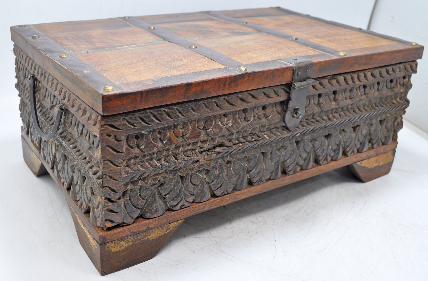Antique Wooden Fine Carved Storage Treausre Chest Box Original Old