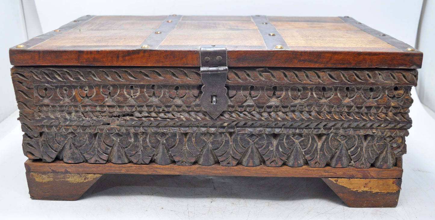 Antique Wooden Fine Carved Storage Treausre Chest Box Original Old