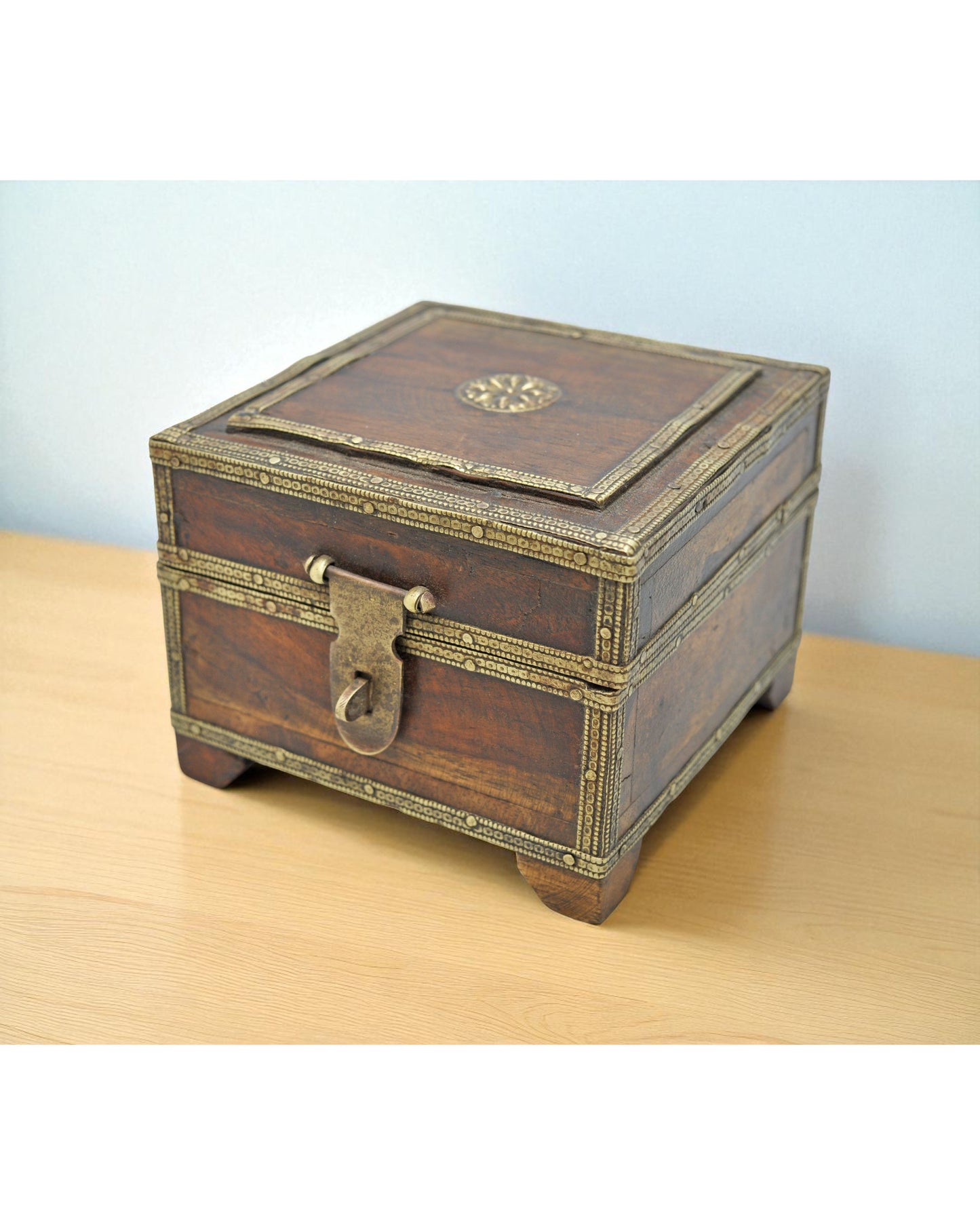 Vintage Wooden Small Storage Box Original Old Hand Crafted Brass Fitted