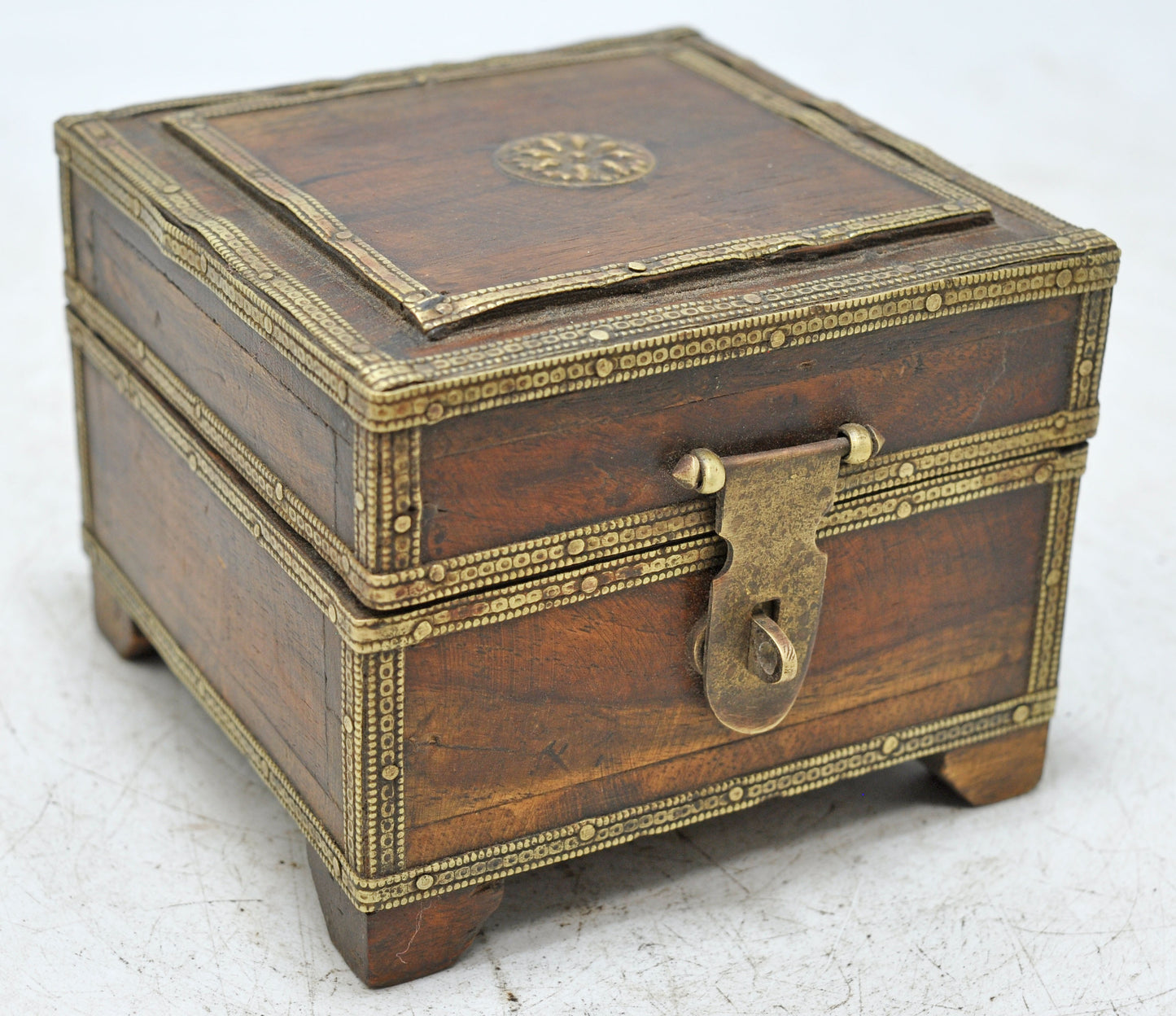 Vintage Wooden Small Storage Box Original Old Hand Crafted Brass Fitted