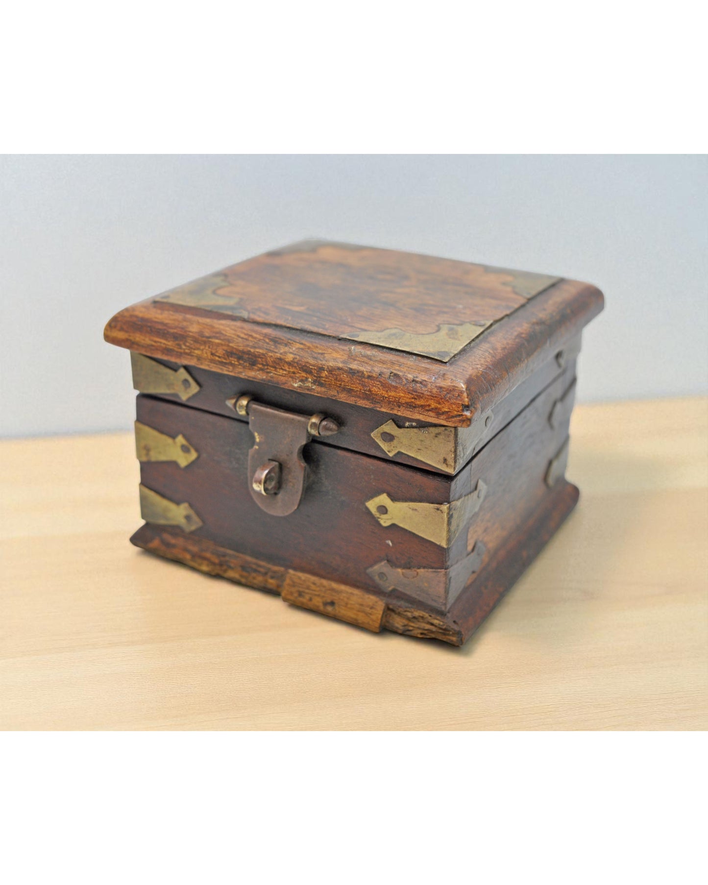 Vintage Wooden Small Storage Box Original Old Hand Crafted Brass Fitted
