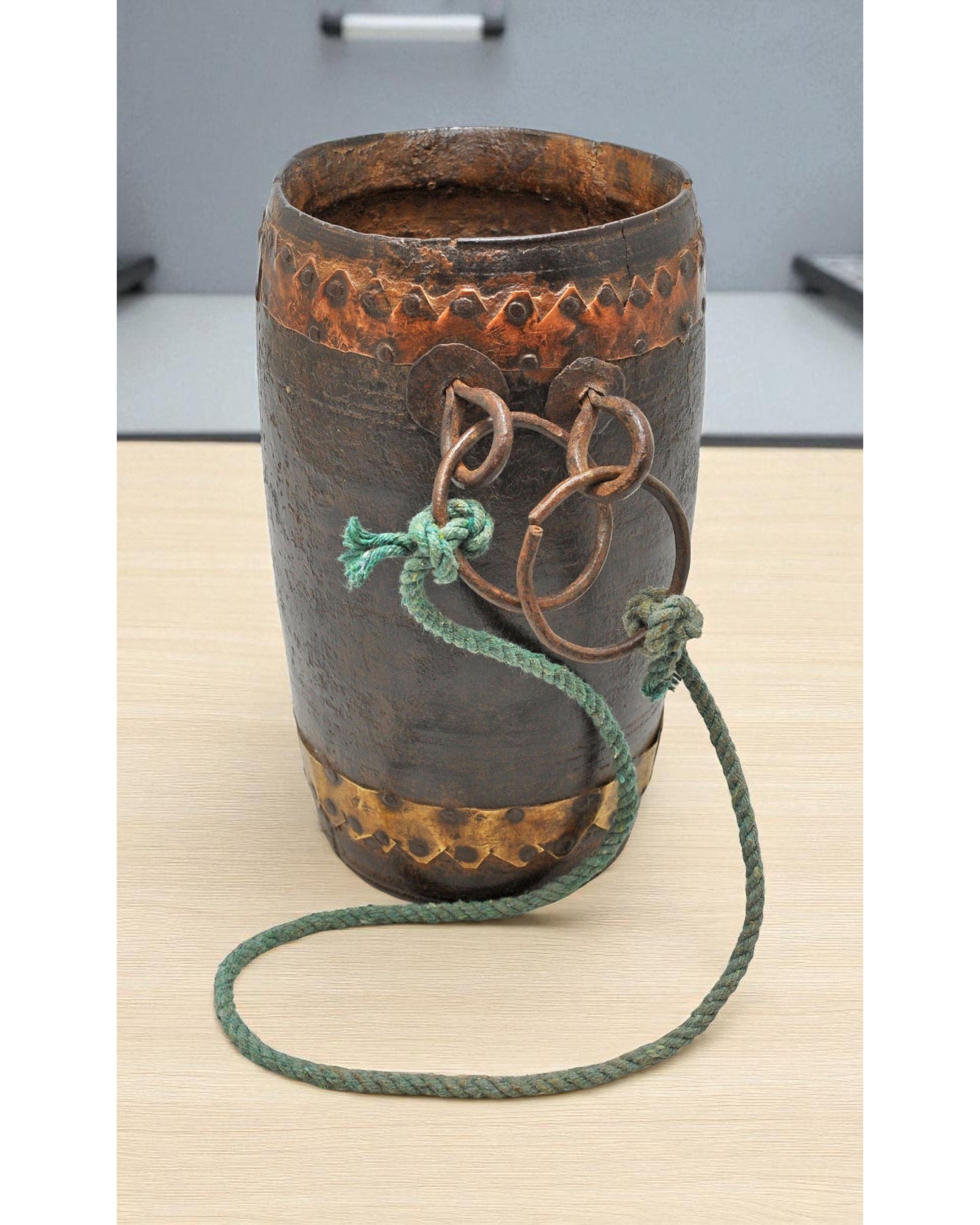 Antique Wooden Water Pot Matka Original Old Hand Crafted Metal Fitted