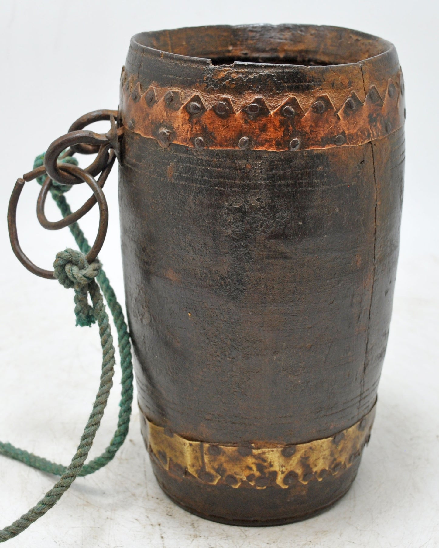 Antique Wooden Water Pot Matka Original Old Hand Crafted Metal Fitted