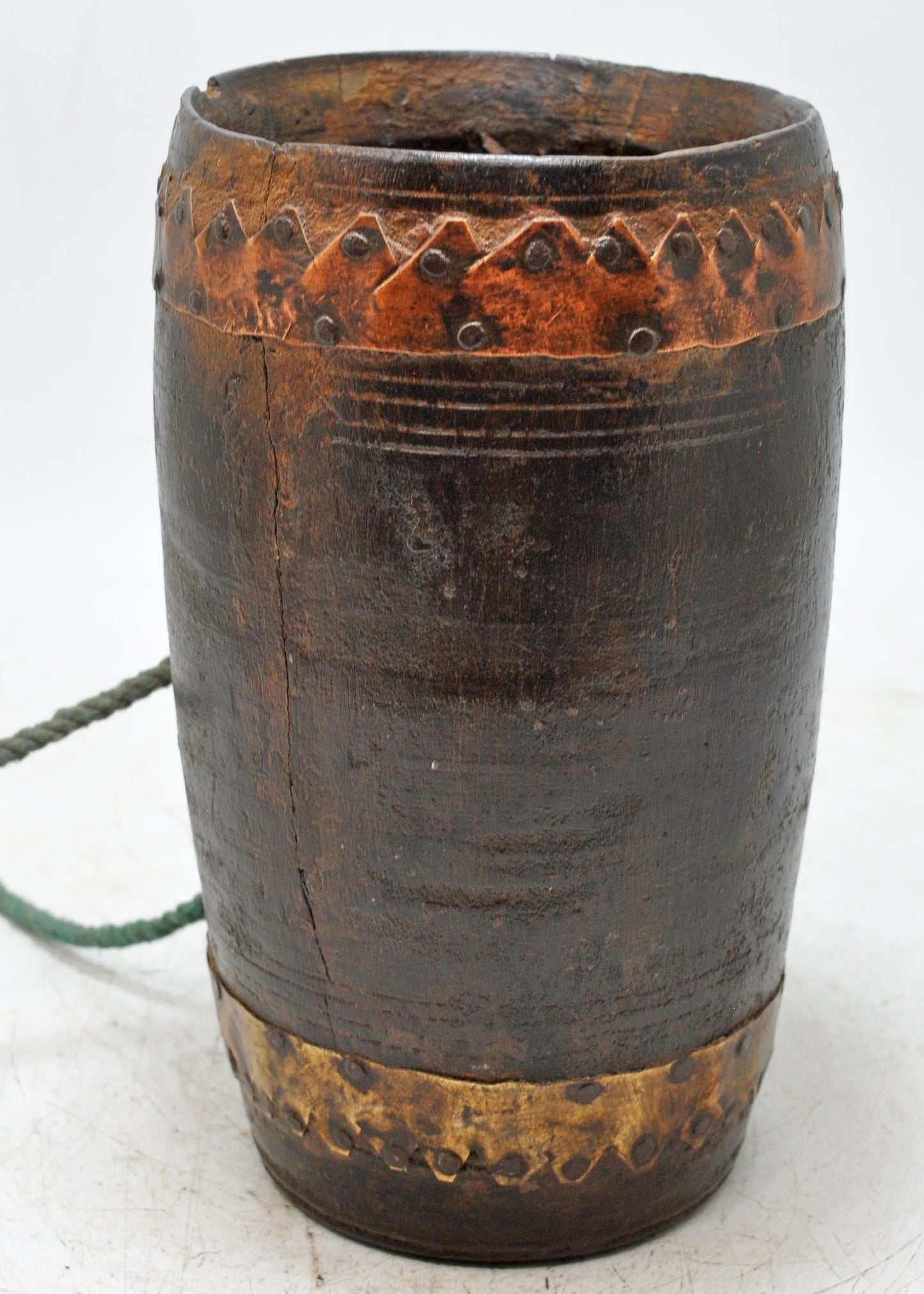 Antique Wooden Water Pot Matka Original Old Hand Crafted Metal Fitted