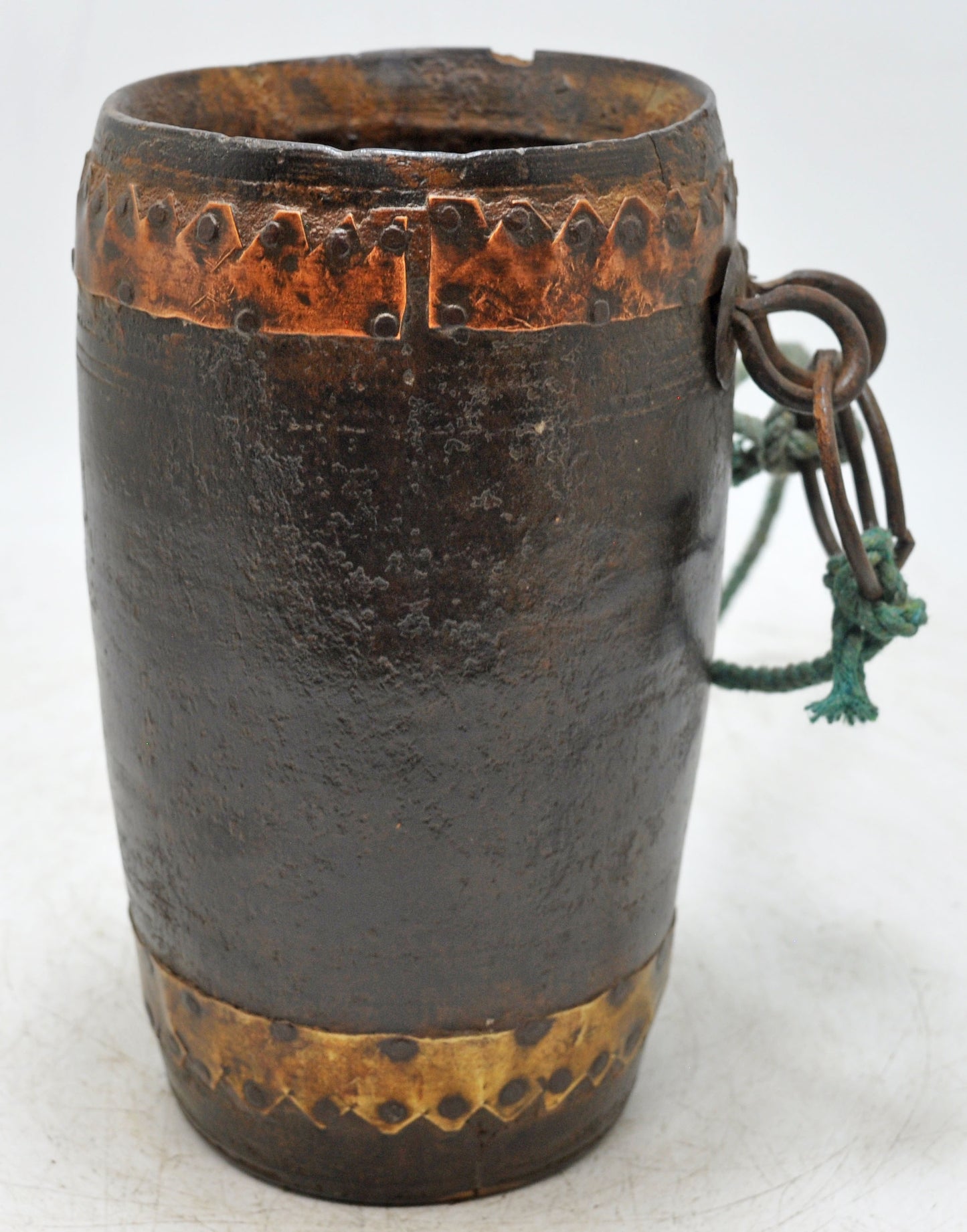 Antique Wooden Water Pot Matka Original Old Hand Crafted Metal Fitted